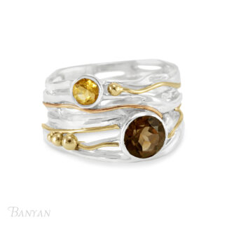 Banyan Jewellery Silver and Gold fill ring set with Smokey Quartz and Citrine