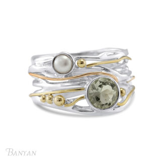 Banyan Jewellery Green Amethyst & Pearl Ring With Gold Fill & Brass Detail